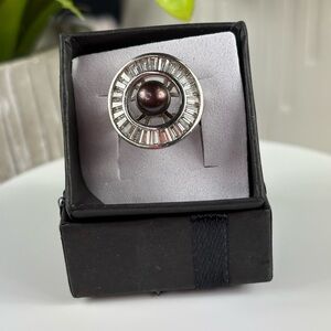 Vantel Pearls Sterling Silver "Showstopper" Halo Ring - 6.5mm Black Pearl Accent